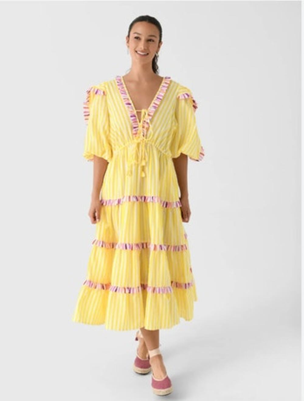 CELIAB Celia B Sz M Medium Yellow Ruffle Theresa Midi Dress Linen Cotton